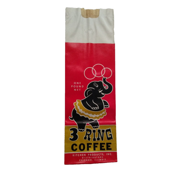 3 Ring Circus Black Elephant In Tutu UNUSED Coffee Bag Vintage Carnival 1950's - Picture 2 of 5